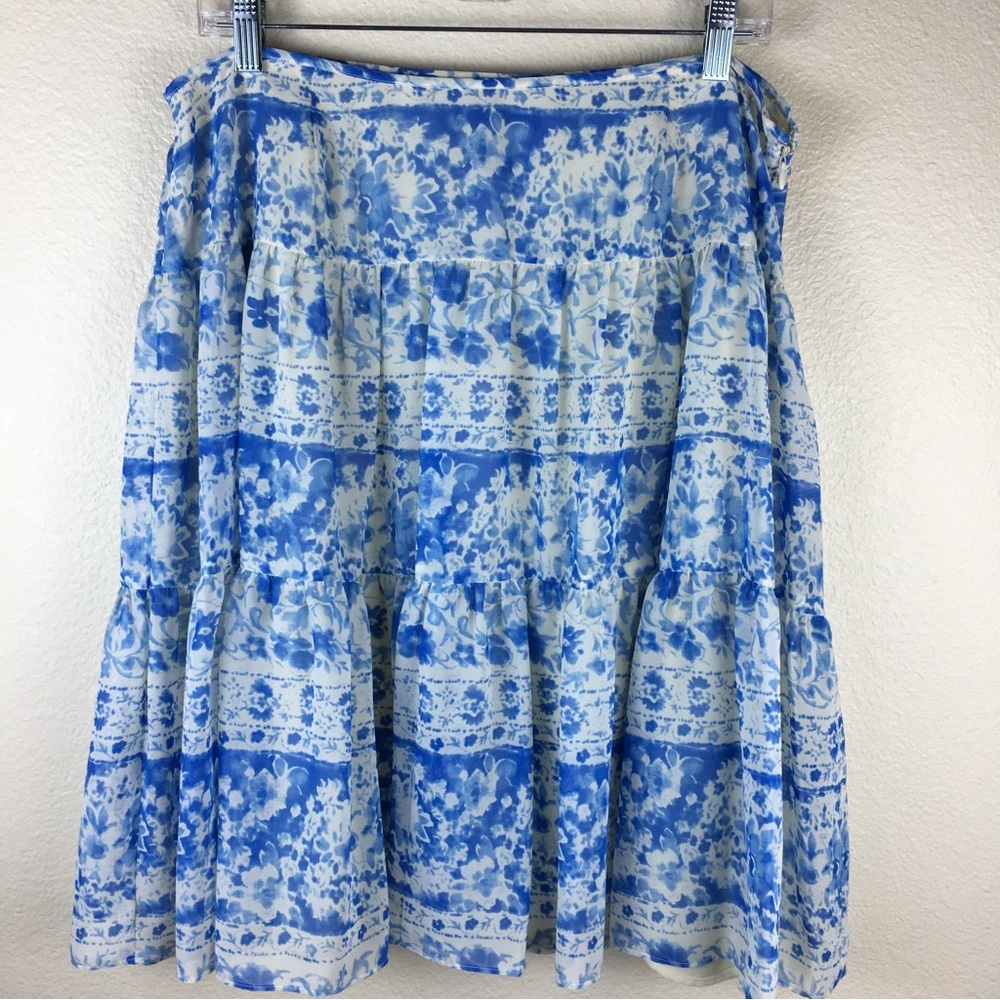 Chaps Women's Tiered Blue Cream Lined Flowy Floral Skirt Size 12